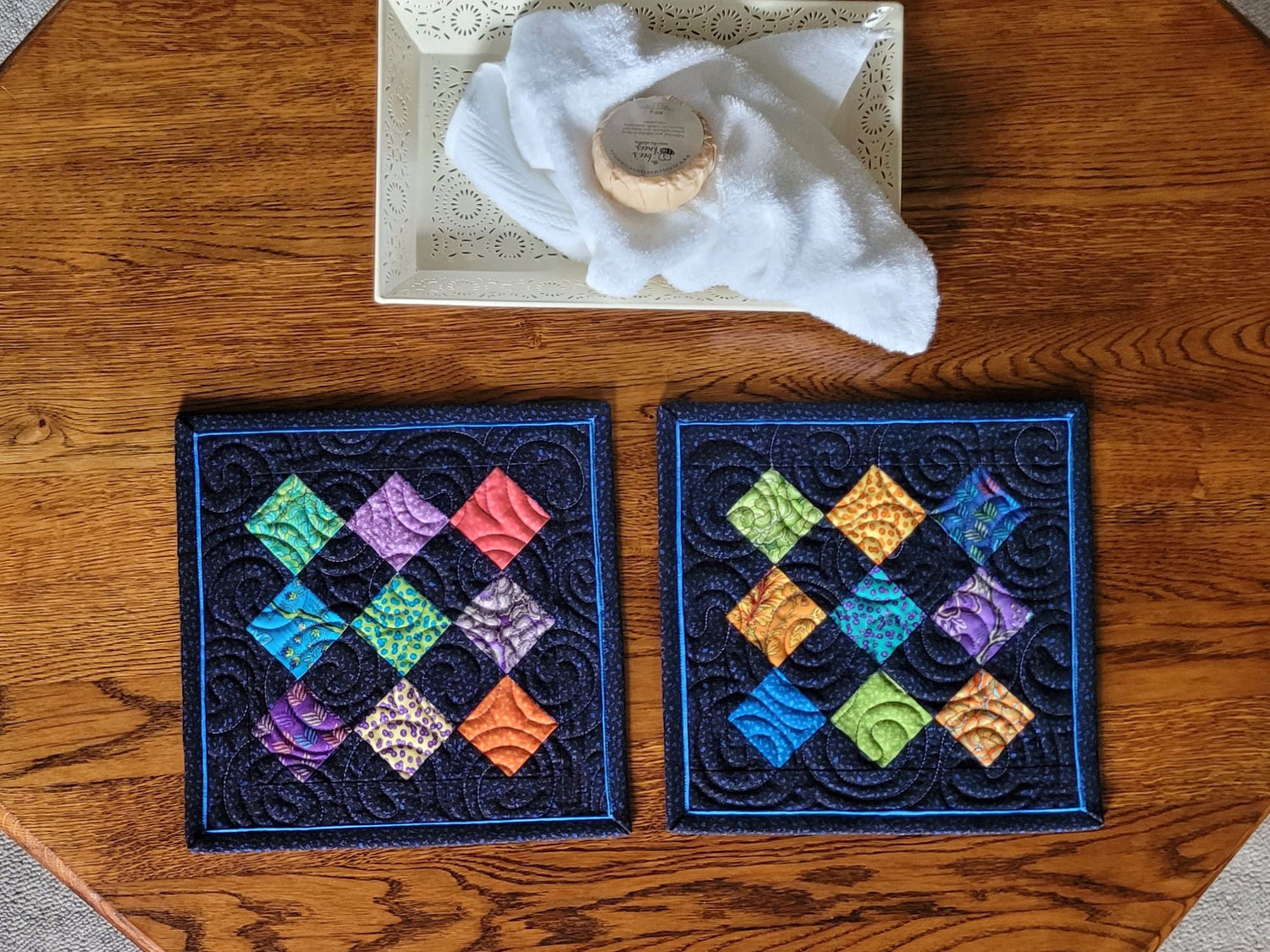 Bright Florals on Black, Mini Quilt Set of Two