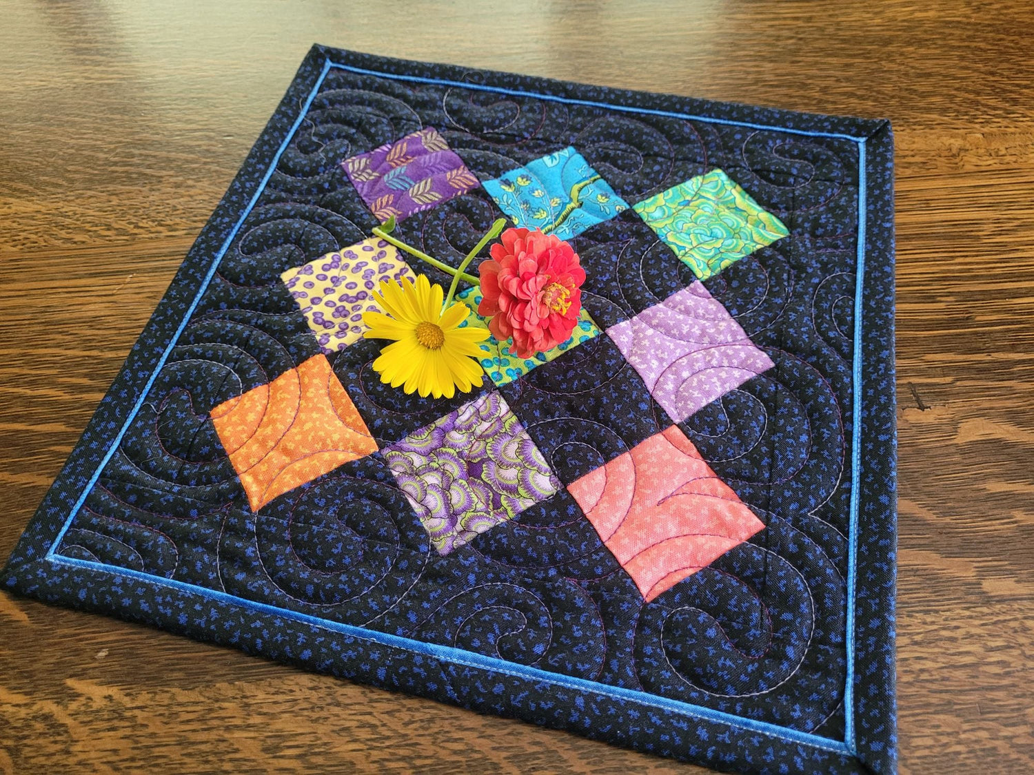 Bright Florals on Black, Mini Quilt Set of Two