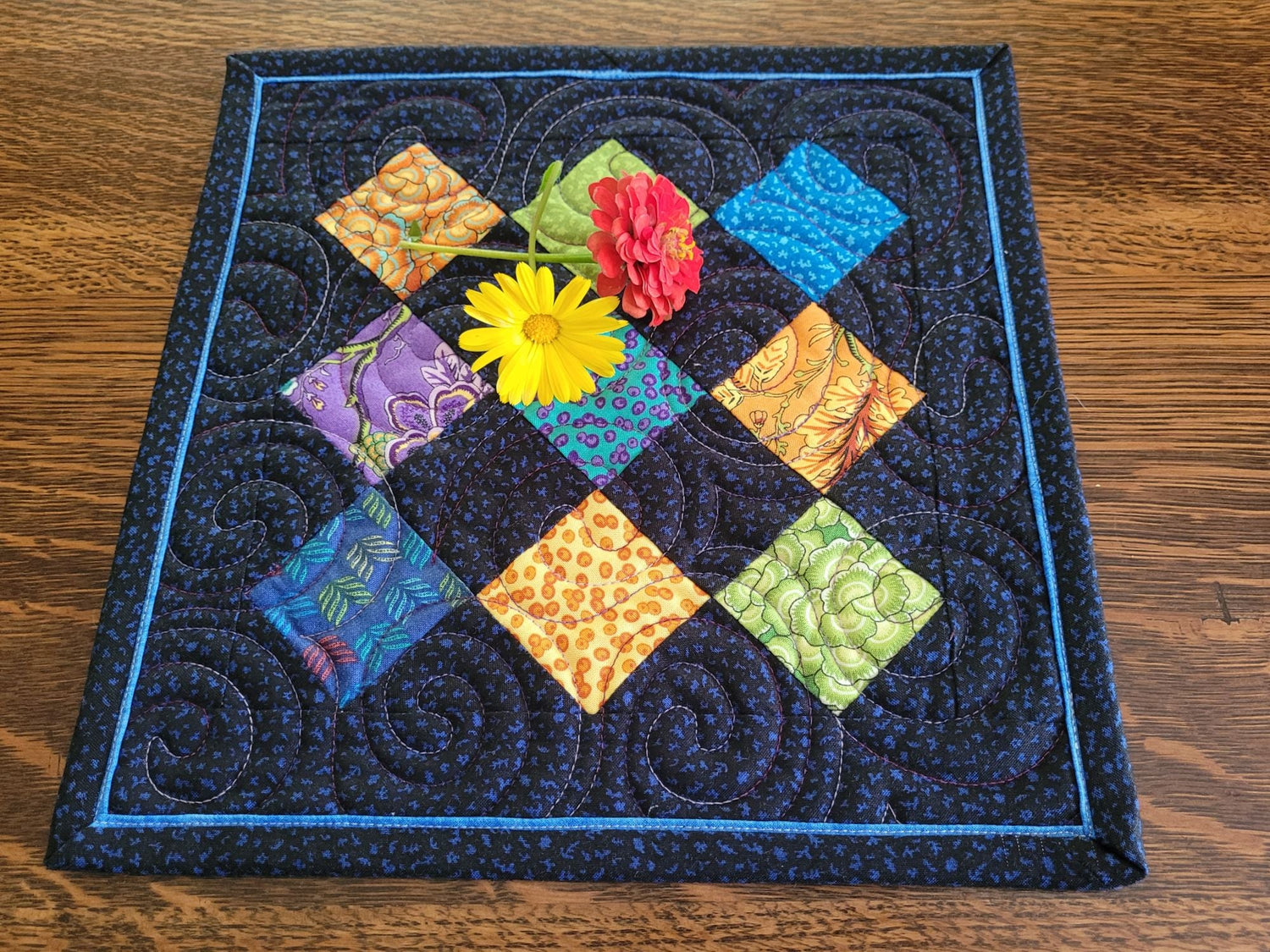 Bright Florals on Black, Mini Quilt Set of Two