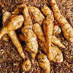 Person wearing boots with a pile of sunchokes on a floor