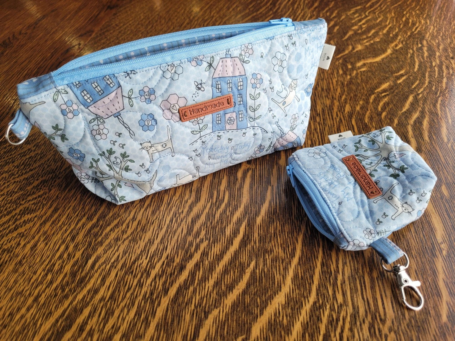 Quilted Zipper Pouch Set, Blue Love My Home