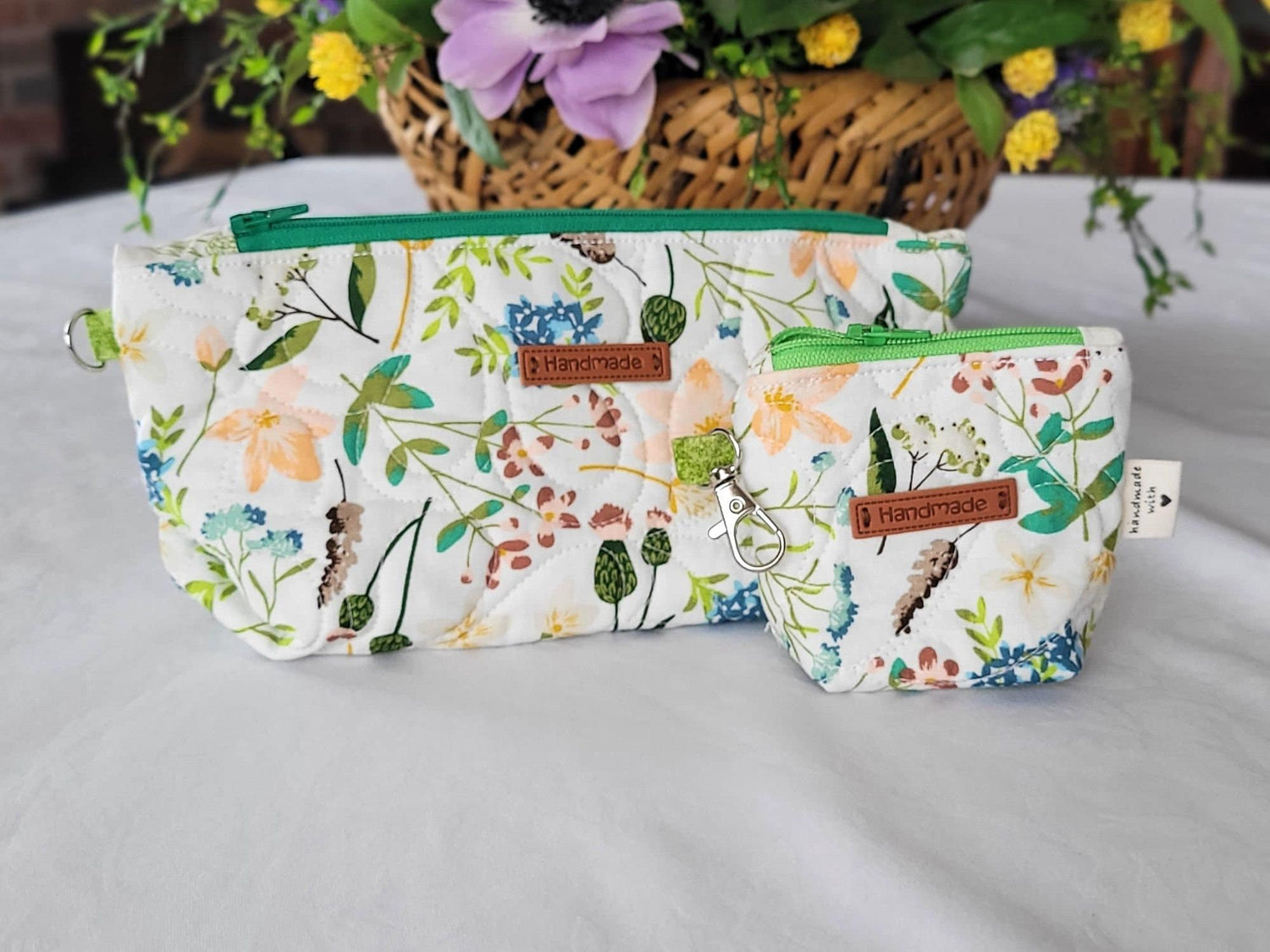 Quilted Zipper Pouch Set, White Floral