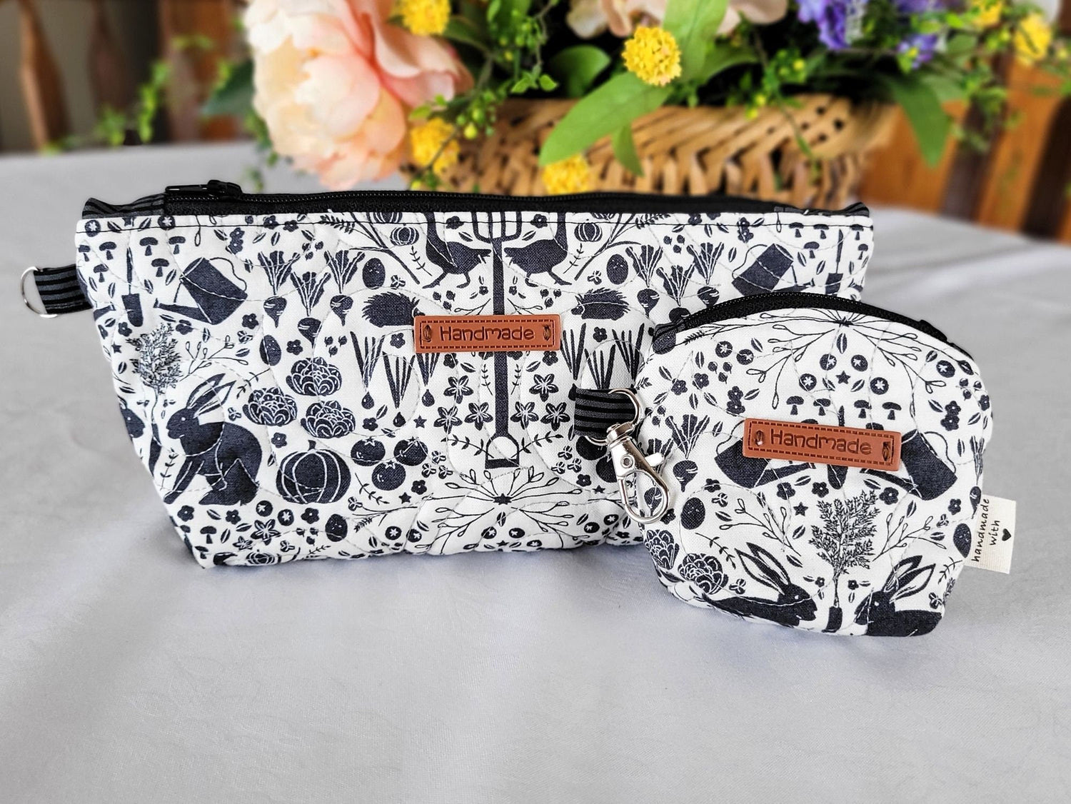 Quilted Zipper Pouch Set, Black and White Garden