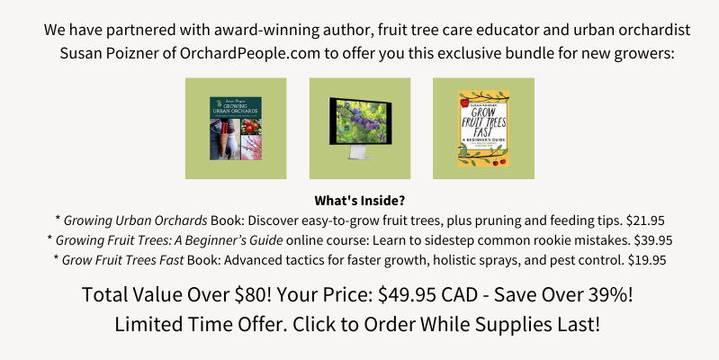 image outlining details of educational package containing an online course and two books about growing fruit trees